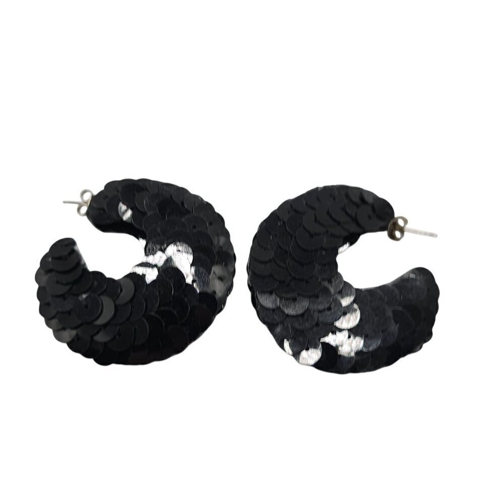 Black Sequin Hoop Earrings Retro 1980s Statement Jewelry Lightweight